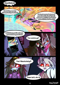 anthro clothing costume cupcake cupcake_costume dialogue female food food_costume group red_sclera text trio white_eyes holy-sorrows hellaverse helluva_boss mythology loona_(helluva_boss) octavia_(helluva_boss) queen_bee-lzebub_(helluva_boss) canid canid_demon canine demon fox_spirit goetia hellhound mammal mythological_canine mythological_creature absurd_res comic english_text hi_res
