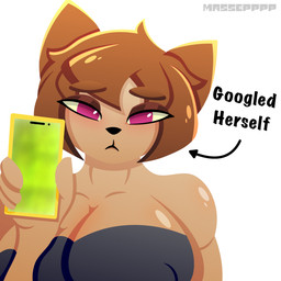 anthro big_breasts blush breasts brown_eyebrows brown_hair cleavage clothed clothing directional_arrow electronics eyebrow_through_hair eyebrows female female_anthro hair huge_breasts looking_at_viewer phone shy text translucent translucent_hair massepppp gameoverse glitch_productions kit_bodega domestic_cat felid feline felis mammal 1:1 2026 digital_media_(artwork) english_text hi_res meme