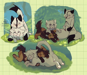 balls brown_body brown_fur cuddling detailed_background feral feral_on_feral fur genitals grass group knot knotted_penis male male/male penis plant questionable_consent text trio young littleperrito warriors_(book_series) fan_character sealfluff_(littleperrito) skunkpaw_(littleperrito) domestic_cat felid feline felis mammal english_text hi_res