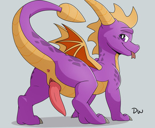 animal_genitalia anus blep claws closed_smile erection feral forked_tongue genital_slit genitals glistening glistening_eyes grey_background horn logo looking_at_viewer looking_back looking_back_at_viewer male male_feral membrane_(anatomy) membranous_wings monotone_wings mouth_closed multicolored_body multicolored_scales orange_body orange_horn orange_scales orange_tail orange_wings paws penis pink_anus pink_penis purple_body purple_eyes purple_scales purple_tail quadruped raised_tail scales simple_background smile smiling_at_viewer solo tail tapering_penis tapering_tail tongue tongue_out two_tone_body two_tone_scales wings darkwolf79 activision mythology spyro_the_dragon spyro dragon mythological_creature mythological_scalie scalie 2026 artist_logo digital_drawing_(artwork) digital_media_(artwork) hi_res