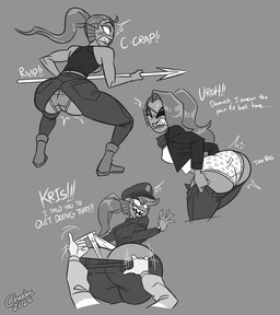 anthro assisted_exposure bent_over big_butt blush bodily_fluids boots bottomwear bottomwear_pull breasts butt butt_cleavage butt_focus clenched_teeth clothed clothing clothing_pull colored_edge_panties colored_edge_underwear crotch_seam denim denim_bottomwear denim_clothing disembodied_hand dressing duo embarrassed eye_patch eyes_closed eyewear female fin fish_print footwear freckled_butt freckles grey_background hair hat head_fin headgear headwear holding_melee_weapon holding_object holding_polearm holding_spear holding_weapon huge_butt humiliation jacket jeans jeans_pull lips medium_breasts melee_weapon panties pants pants_pull pantsing panty_pull polearm police police_uniform polka_dot_panties polka_dot_underwear ponytail print_clothing print_panties print_underwear profanity rear_view sharp_teeth shirt shoes simple_background solo solo_focus spear straining struggling struggling_to_fit sweat sweatdrop talking_to_another tank_top tearing_pants teeth thick_thighs thong thong_straps tight_bottomwear tight_clothing tight_jeans tight_pants topwear torn_bottomwear torn_clothing torn_pants underwear underwear_pull uniform wardrobe_malfunction weapon wedgie whale_tail_(fashion) white_clothing white_panties white_underwear wide_eyed wide_hips cheebsnsfw deltarune undertale_(series) kris_dreemurr undyne aquatic fish human mammal 2025 greyscale hi_res monochrome multiple_images signature