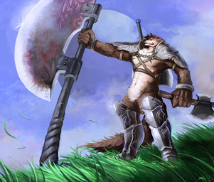 5_fingers abs anthro armor axe biped brown_body brown_fur chain day fingers fur grass greataxe greaves holding_object holding_weapon humanoid_hands male melee_weapon mostly_nude outside pauldron plant purple_eyes scar sky smile solo standing tail warrior weapon wind nejita canid canine canis mammal wolf