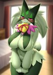 anthro areola big_breasts blush breast_curtains breasts cleavage clothed clothing female fur green_body green_fur looking_at_viewer nude solo faroula nintendo pokemon felid feline generation_9_pokemon mammal meowscarada pokemon_(species) hi_res