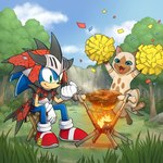 anthro armor blue_eyes clothing cloud confetti day detailed_background duo feral fire food footwear gloves grass green_eyes handwear male meat open_mouth open_smile plant pom_poms shoes smile tree galaxy_cowboy capcom monster_hunter sega sonic_the_hedgehog_(series) sonic_the_hedgehog eulipotyphlan felid felyne hedgehog lynian mammal 1:1 2022 crossover hi_res