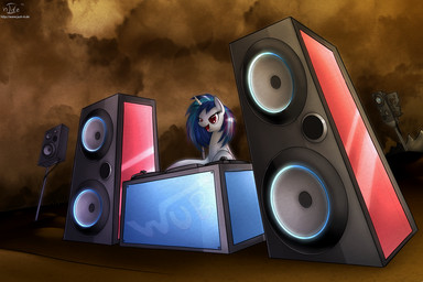 blush female furniture hair horn multicolored_hair red_eyes solo speaker table turntable_(decks) two_tone_hair n1de friendship_is_magic hasbro my_little_pony mythology vinyl_scratch_(mlp) equid equine mammal mythological_creature mythological_equine unicorn 2012