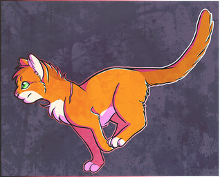 abstract_background ambiguous_gender border feet feral fluffy fur green_eyes markings orange_body orange_fur outline paws pink_nose running scar side_view solo tail tuft white_markings theunknownsoul warriors_(book_series) firestar_(warriors) domestic_cat felid feline felis mammal 2015 shaded male_(lore)