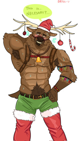 anthro antlers christmas_clothing christmas_headwear clothed clothing hat headgear headwear holidays horn male muscular muscular_anthro nipples pubes santa_hat simple_background solo text topless white_background martinnoceq31 christmas deer mammal new_world_deer reindeer 2025 9:16 english_text hi_res