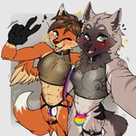 2022_polyamory_pride_colors anthro blush brown_hair bulge clothed clothing collar demisexual_pride_colors dipstick_tail duo femboy fishnet_clothing fishnet_topwear fluffy fluffy_tail fur g-string gesture green_eyes grey_body grey_fur hair hand_gesture jockstrap leash lgbt_pride looking_at_viewer male male/male markings multi_nipple multicolored_clothing multicolored_g-string multicolored_jockstrap multicolored_leash multicolored_thong multicolored_underwear nipples one_eye_closed orange_body orange_fur pansexual_pride_colors partially_clothed polyamory_pride_colors pride_color_clothing pride_color_g-string pride_color_jockstrap pride_color_leash pride_color_thong pride_color_underwear pride_colors smile subculture_pride_colors tail tail_markings thong topwear underwear v_sign wings wink avante92 canid canine fox mammal 1:1 2023 hi_res