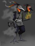 anthro bottomless burn_scar chest_tuft clothed clothing feathers feet fire keikogi male martial_arts_uniform mask orange_body orange_eyes orange_feathers scar simple_background smoke solo sportswear talon_hands talons toes tuft illogicaljumble avian bird corvid oscine passerine 3:4 absurd_res digital_media_(artwork) hi_res