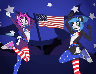 american_flag american_flag_bikini anthro bikini bikini_top biped black_body black_nose blue_eyes blue_hair bottomwear breasts butt clothed clothing countershade_butt countershade_face countershade_torso countershading duo eyebrows female flag_bikini flag_swimwear footwear hair holidays legwear looking_at_viewer miniskirt navel on_one_leg open_mouth open_smile panties pink_hair sharp_teeth shoes short_hair short_tail side_view skirt slim small_breasts smile sneakers standing stockings swimwear tail teeth thigh_highs two-piece_swimsuit underwear united_states_of_america upskirt white_body white_countershading jrvanesbroek 4th_of_july ku_min_mei nuwa_nightstone bear giant_panda mammal 2025 hi_res