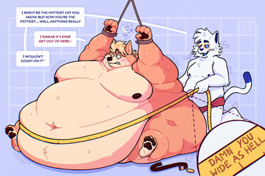 abstract_background angry anthro arms_tied bdsm belly belly_expansion bent_legs big_belly big_butt bodily_fluids bondage bound broken_collar butt clothed clothing collar deep_navel dialogue double_chin duo expansion eyewear fat_rolls feederism fur geometric_background glasses grid_background huge_belly immobile male male/male measuring mocking morbidly_obese morbidly_obese_anthro morbidly_obese_male navel nipples nude obese obese_anthro obese_male orange_body orange_fur overweight overweight_anthro overweight_male pattern_background pawpads paws raised_arms restraints rope rope_bondage simple_background sitting slightly_chubby smug speech_bubble sweat sweatdrop tape_measure taunting text underwear weight_gain white_body white_fur wide_hips coffeequasar bouvardia frost_the_cat canid canine canis domestic_cat domestic_dog felid feline felis mammal 3:2 digital_drawing_(artwork) digital_media_(artwork) english_text hi_res