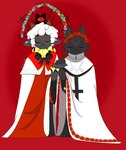 ambiguous_gender anthro clothed clothing duo female flower hand_holding happy interspecies plant red_background simple_background smile standing veil wedding meaty-bones cult_of_the_lamb massive_monster_(studio) lamb_(cult_of_the_lamb) red_crown_(cult_of_the_lamb) ruri_(cult_of_the_lamb) bovid caprine domestic_cat felid feline felis mammal sheep hi_res