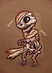 abstract_background blue_eyes bone brown_background brown_wraps glowing glowing_eyes looking_at_viewer mummy_wrappings simple_background skeleton text wrappings trevor-fox erakir_(character) ivalician_moogle brown_theme hi_res