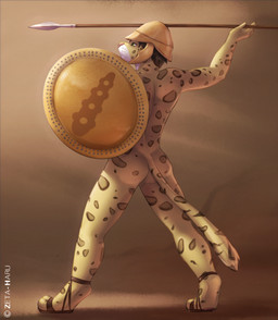 anthro armor biped brown_hair brown_spots butt casual_nudity clothing countershading footwear fur green_eyes hair headgear helmet male melee_weapon nude pink_nose polearm rear_view sandals shield shoes solo spear spots standing warrior weapon zeta-haru felid leopard mammal pantherine full-length_portrait portrait