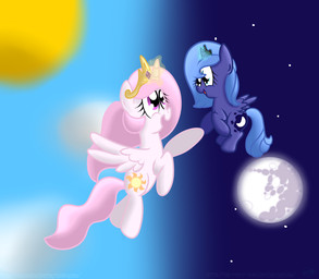 crown cutie_mark duo eye_contact feathered_wings feathers female feral flying headgear horn looking_at_another moon outside princess royalty sky star sun tail tiara wings young young_feral the_puffy_pony friendship_is_magic hasbro my_little_pony mythology princess_celestia_(mlp) princess_luna_(mlp) equid equine mammal mythological_creature mythological_equine winged_unicorn hi_res sibling_(lore) sister_(lore) sisters_(lore)