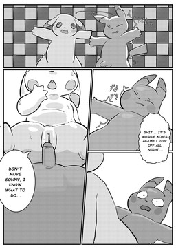 black_eyes blush comic_panel dialogue duo female feral genitals looking_at_viewer male male/female open_mouth penis simple_background text vulva ganghandog nintendo pokemon pokemon_pokopia peakychu generation_1_pokemon pikachu pokemon_(species) comic comic_sans english_text hi_res monochrome