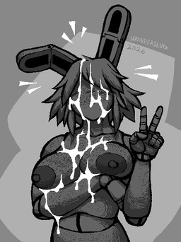 anthro areola bodily_fluids breasts cum cum_drip cum_on_breasts cum_on_face dripping faceless faceless_anthro faceless_character faceless_female female genital_fluids gesture grey_areola grey_background grey_hair grey_nipples hair hand_gesture machine nipples simple_background v_sign wonderslug lagomorph leporid mammal rabbit robot monochrome