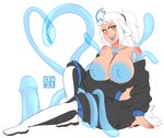 areola big_areola big_breasts blue_mouth blue_nipples blue_tongue breasts clothed clothing dildo exposed_breasts female green_eyes hair heart_symbol horn huge_dildo long_hair looking_at_viewer nipples partially_clothed ponytail sex_toy sitting solo tentacles thick_thighs tongue undressing white_hair cev cev_rosa blue_honeysham honeysham horned_humanoid humanoid