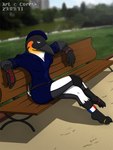anthro barefoot bench beret breasts claws clothing crossed_legs digit_ring feet female hat headgear headwear jewelry looking_aside non-mammal_breasts ring scuted_legs scutes sitting solo toe_ring toes corrsk olivia_(corrsk) avian bird penguin 2013 3:4 hi_res