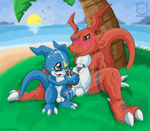 beach big_claws black_penis blue_body blue_skin blush bodily_fluids claws countershading cum cumshot detailed_background digital_hazard duo ejaculation erection fangs feral genital_fluids genitals grass handjob heel_claw inverted_zero_unit male male/male markings masturbation orgasm outside palm_tree penile penile_masturbation penis plant red_body red_eyes sand seaside sex sex_on_the_beach sitting sky spread_legs spreading standing sunset symbol tail teeth tree water white_body yellow_eyes young zero_unit raukue bandai_namco digimon digimon_(species) guilmon scalie veemon