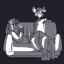 anthro blush cellphone clothed clothing duo electronics erection eyewear fur furniture genitals glasses hair male male/male masturbation penile penis phone simple_background smile sofa tail oreo_tlacuache elagrena american_opossum bovid canid canine caprine goat mammal marsupial virginia_opossum 1:1 absurd_res digital_media_(artwork) hi_res