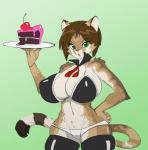 anthro big_breasts big_butt breasts butt cake clothed clothing dessert female food fur hair latex looking_at_viewer maid_uniform open_mouth simple_background solo thick_thighs uniform wide_hips ramudey helia_peppercats domestic_cat felid feline felis mammal 2018 digital_drawing_(artwork) digital_media_(artwork)