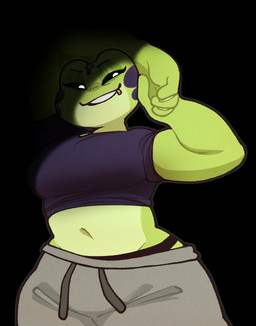 anthro black_background black_sclera bottomwear breasts clothing countershade_torso countershading curvy_figure facial_piercing female fingers front_view glistening_eyelids green_body green_countershading green_skin lip_piercing membrane_(anatomy) navel non-mammal_breasts non-mammal_navel panties pants piercing pupils shadow simple_background smile smirk solo sweatpants topwear underwear webbed_hands white_pupils wide_hipped_anthro wide_hipped_female wide_hips highlandkall ventura_city_drifters olea_nightshade amphibian frog 2025 digital_media_(artwork) hi_res portrait