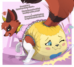 abdl ageplay ambiguous_feral ambiguous_gender bottomwear cheek_tuft clothed clothing cloud_emanata crown dialogue diaper diaper_puff duo ellipsis emanata emphatic_ellipsis facial_tuft fangs feral fur headgear heart_symbol infantilism motion_lines mouth_closed narrowed_eyes one_eye_closed open_mouth pink_bottomwear pink_clothing pink_skirt red_body red_fur red_tail roleplay side_view skirt sweatdrop_(iconography) tail teeth text tuft wearing_diaper yellow_diaper yellow_eyes bunnykisses nintendo pokemon brush_(bunnykisses) crissy_(crissypoodle) animate_inanimate canid canine diaper_creature generation_8_pokemon mammal nickit pokemon_(species) english_text hi_res