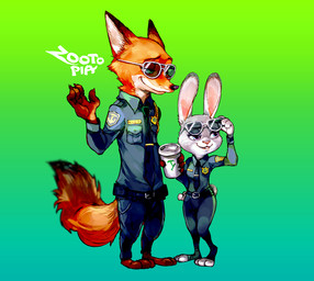 accessory anthro barefoot belt bottomwear brown_body brown_fur claws clothing duo eyewear feet female fur green_eyes grey_body grey_fur male necktie orange_body orange_fur pants pink_nose police police_uniform purple_eyes purple_nose shirt smile sunglasses teeth topwear uniform white_body white_fur unknown_artist disney zootopia judy_hopps nick_wilde canid canine fox lagomorph leporid mammal rabbit red_fox true_fox 2016 digital_media_(artwork) source_request