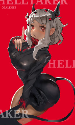 5_fingers black_horn blush bottomwear breasts business_suit clothing colored_nails eyebrows female fingers hair heart_eyes heart_symbol horn looking_at_viewer nails not_furry pencil_skirt red_background red_eyes red_nails short_hair simple_background skirt solo spade_tail standing suit sweater tail text topwear turtleneck white_body white_eyebrows white_hair white_skin olaleheez helltaker modeus_(helltaker) demon demon_humanoid humanoid 3:5 absurd_res english_text hi_res