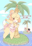 anthro bikini blonde_hair bottomless breasts chest_tuft cleavage clothed clothing cloud female fur group hair heart_symbol island one_eye_closed outside palm_tree plant sky swimwear text thick_thighs tree trio tuft two-piece_swimsuit water wink yellow_body yellow_fur yokikana_yk animal_crossing nintendo isabelle_(animal_crossing) canid canine canis domestic_dog mammal digital_media_(artwork) japanese_text translated