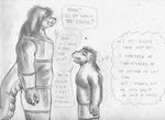 bottomwear clothing death dialogue duo eye_contact hair looking_at_another male male/male shorts size_difference speech_bubble standing tail text thinking thought thought_bubble bigbadbear ragor_(bigbadbear) humanoid orc graphite_(artwork) monochrome traditional_media_(artwork)