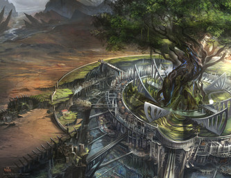 architecture archway branch bridge building city_wall ehraan_city flag giant_tree light light_beam outside pathway plant rock roots sunbeam sunlight tree tree_trunk wall_(structure) zero_pictured alectorfencer myre