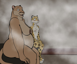 anthro areola big_areola big_butt blush breasts brown_areola brown_nipples butt countershade_breasts countershade_face countershade_torso countershading digitigrade duo eyebrows female fur hands_on_lap mature_female nervous nipples no_irises open_mouth overweight overweight_anthro overweight_female pink_nipples pregnant pregnant_anthro pregnant_female raised_eyebrows sagging_breasts sauna simple_background sitting slim slim_female small_breasts smile stare steam stretch_marks stretch_marks_on_fur tan_body tan_fur vein veiny_breasts white_body white_fur white_toes yellow_body yellow_fur scribefang ch'um_nich_(scribefang) sak_ich'aak_(scribefang) cougar felid feline jaguar mammal pantherine 2025 6:5 digital_drawing_(artwork) digital_media_(artwork) flat_colors hi_res