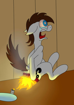 ambiguous_gender blue_eyes bodily_fluids brown_hair bubble_butt burning butt butt_on_fire cutie_mark duo feral fire fur hair hand_on_butt lighter male mostly_offscreen_character pain reddened_butt smoke solo_focus tail tears white_body white_fur hot_rolls hasbro my_little_pony brain_teaser_(aarondrawsarts) earth_pony equid equine horse mammal pony digital_media_(artwork) hi_res