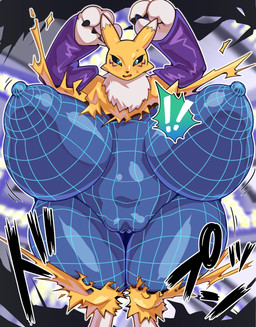 3_fingers anthro armwear big_breasts black_sclera blue_body blue_eyes bodily_fluids bouncing_breasts breast_expansion breasts bridal_gauntlets chest_tuft claws clothing embarrassed expansion female female_anthro finger_claws fingers front_view fur genitals gloves_(marking) hands_above_head huge_breasts humanoid_genitalia humanoid_vulva hyper hyper_breasts leg_markings markings neck_tuft nipples pupils shake_lines slit_pupils socks_(marking) solo sweat sweatdrop thigh_expansion transformation tuft vulva wireframe yellow_body yellow_fur kori-nio bandai_namco digimon digimon_(species) renamon 2026 digital_drawing_(artwork) digital_media_(artwork) hi_res