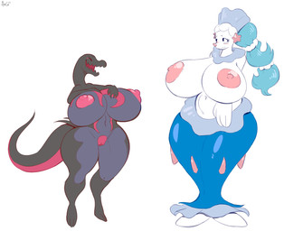 anthro areola big_areola big_breasts big_nipples biped blue_hair blush breasts curvy_figure duo eyes_closed female genitals hair hand_on_own_breast hourglass_figure huge_areola huge_breasts huge_hips huge_nipples hyper hyper_breasts looking_away midriff navel nipples nude open_mouth open_smile pink_nose pokemorph puffy_areola puffy_nipples shy simple_background smile split_form standing voluptuous vulva white_background wide_hips angstrom nintendo pokemon generation_7_pokemon pokemon_(species) primarina salazzle 2017 digital_media_(artwork) hi_res signature