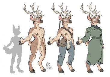 2_fingers animal_genitalia anthro antlers bag balls barefoot belt digitigrade eyebrows feet fingers genitals hooves horn male male_anthro nipples nude sheath solo straps rick_griffin in_the_new_age eteko_(rick_griffin) deer mammal 2023 hi_res model_sheet signature