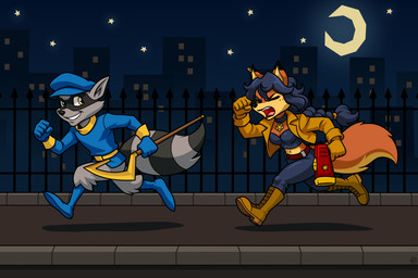abstract_background anthro blue_hair clothed clothing collar duo ear_piercing female fur gloves grey_body grey_fur gun hair handwear male male/female mask melee_weapon moon orange_body orange_fur pantsless piercing ranged_weapon running star weapon lady_gwenifur sly_cooper_(series) sony_corporation sony_interactive_entertainment sucker_punch_productions carmelita_fox sly_cooper canid canine fox mammal procyonid raccoon 3:2 hi_res