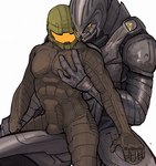 3_fingers 5_fingers armor bulge clothing duo fingers headgear helmet larger_male male male/male simple_background size_difference smaller_male white_background yellow_eyes cjdog3 halo_(series) microsoft xbox_game_studios arbiter_(halo) master_chief thel_'vadam alien human mammal sangheili 2019 digital_media_(artwork)