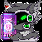 1:1 activision animated anthro beverage beverage_can biped c.a.m. call_of_duty call_of_duty:_black_ops_cold_war canid canine canis cod_zombies container cybernetics digital_drawing_(artwork) digital_media_(artwork) digitigrade elemental_pop fluffy fluffy_tail fur glowing glowing_body glowing_eyes green_body green_eyes green_glow grey_body grey_fur grey_hair grey_tail hair heart_reaction heart_symbol holding_beverage holding_object hug hugging_object jackal likara love low_res machine male mammal military perk_a_cola pixel_(artwork) pixel_animation protogen protogen_armor protogen_face protogen_visor protogenized robotic screen screen_face short_playtime solo special_forces tail tuft yuri_chacal