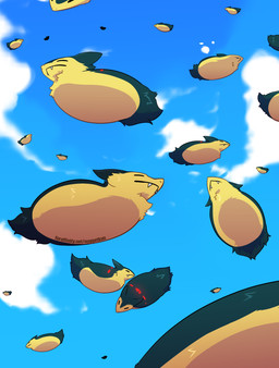 ambiguous_gender black_back black_body black_ears black_fur black_tail cloud countershading eyes_closed falling falling_from_sky fangs feral fur group loaf low-angle_view short_tail sky skyscape tail teeth text what yellow_body yellow_countershading yellow_fur nugget_kun furaffinity nintendo pokemon generation_2_pokemon pokemon_(species) typhlosion hi_res url