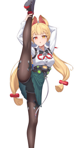 accessory animal_ears black_bottomwear black_clothing black_legwear black_pantyhose black_shorts blonde_hair bottomwear bow_(feature) breasts clothing female footwear green_bottomwear green_clothing green_skirt hair hair_accessory heterochromia legwear long_hair medium_breasts narrowed_eyes open_mouth pantyhose pigtails raised_arms raised_leg red_eyes shirt shoes shorts simple_background skirt topwear white_background white_clothing white_footwear white_shirt white_shoes white_topwear yellow_eyes shixi mihoyo zenless_zone_zero alice_thymefield animal_humanoid humanoid lagomorph lagomorph_humanoid leporid_humanoid mammal mammal_humanoid rabbit_humanoid absurd_res hi_res