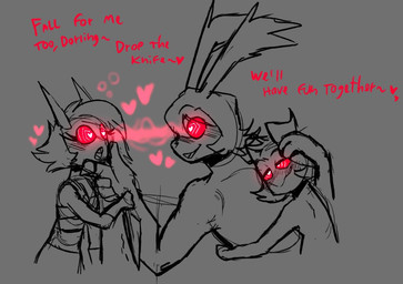 2_horns anthro dialogue female glowing glowing_eyes grey_background group hair heart_symbol holding_knife holding_object holding_weapon horn hypnosis hypnotic_eyes knife male male/female male/male mind_control open_mouth simple_background text trio weapon kuro-freak hellaverse helluva_boss ludovico_(kuro-freak) millie_(helluva_boss) moxxie_(helluva_boss) demon demon_humanoid humanoid imp lagomorph leporid mammal rabbit vampire 2024 digital_media_(artwork) english_text restricted_palette