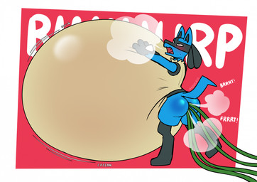 air_inflation anthro belly belly_expansion belly_squish big_belly black_eyes black_inner_ear blue_body blue_ears blue_tail blush bodily_fluids border burp_cloud burping butt expansion fart fart_cloud hand_on_belly hand_on_own_belly hose hose_in_butt hose_inflation huge_belly hyper hyper_belly hyper_inflation inflation looking_up male motion_lines multicolored_body onomatopoeia open_mouth pink_tongue red_background red_mouth sharp_teeth simple_background snaggle_tooth solo sound_effects squish sweat sweatdrop swelling tail tan_body teeth text tongue two_tone_body white_border v1sage nintendo pokemon generation_4_pokemon lucario pokemon_(species) 2026 colored digital_media_(artwork) hi_res shaded