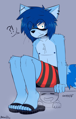 anthro blue_body blue_fur blue_hair bodily_fluids bottomwear clothing drooling duo ear_piercing emo_haircut feet flip_flops foot_fetish foot_sniffing footwear fur fur_tuft hair male markings nipple_piercing nipples pattern_bottomwear pattern_clothing pattern_shorts piercing saliva sandals shirtless_male shoes shorts sitting sniffing striped_bottomwear striped_clothing striped_markings striped_shorts striped_tail stripes surprise surprised_expression sweat sweaty_feet tail tail_markings tuft whiskers wide_eyed aimpunch anon azura_(aimpunch) domestic_cat felid feline felis hybrid mammal procyonid raccoon absurd_res hi_res
