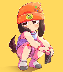 adolescent anthro bandage bandaged_leg beanie blush briefs brown_ears brown_tail bulge cellphone chibi clothed clothing crouching electronics footwear fur hat headgear headwear male male_anthro orange_clothing orange_hat orange_headwear phone ring shirt simple_background smartphone socks solo tail tan_body tan_fur tank_top topwear underwear white_briefs white_clothing white_footwear white_socks white_underwear wristband yellow_background young young_anthro young_male whitill_fluffy parappa_the_rapper sony_corporation sony_interactive_entertainment canid canine canis domestic_dog mammal hi_res watermark