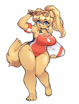 anthro big_breasts biped black_nose blonde_hair blue_eyes breasts clothed clothing eyebrows eyelashes eyewear female fingers fluffy fluffy_tail fur glasses hair holding_object lifeguard looking_at_viewer one-piece_swimsuit pawpads simple_background slightly_chubby smile snout solo standing swimwear tail thick_thighs tongue tongue_out yellow_body yellow_fur xeppir bird_dog canid canine canis domestic_dog golden_retriever hunting_dog mammal retriever 2026 digital_media_(artwork) hi_res