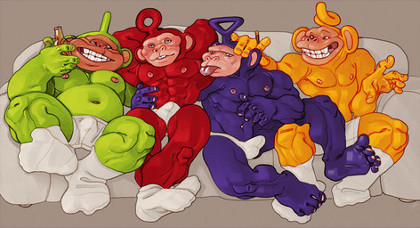 abs armpit_fetish armpit_lick armpit_play barefoot belly boxers_(clothing) bulge clothing coach cuddling drunk feet footwear fur furniture green_body green_skin group hands_behind_head hugging_waist licking male muscular muscular_arms muscular_legs muscular_male nipples on_sofa pale_face pecs purple_body purple_fur purple_skin pushing_head red_body red_skin showing_armpit silly_pose simple_background sitting sitting_on_sofa slightly_chubby slightly_chubby_male smile smoking socks sofa soles substance_intoxication tan_face tongue tongue_out underwear yellow_body yellow_fur yellow_skin ravuer teletubbies dipsy_(teletubbies) laa-laa_(teletubbies) po_(teletubbies) tinky_winky_(teletubbies) alien animal_humanoid humanoid mammal mammal_humanoid primate primate_humanoid absurd_res hi_res