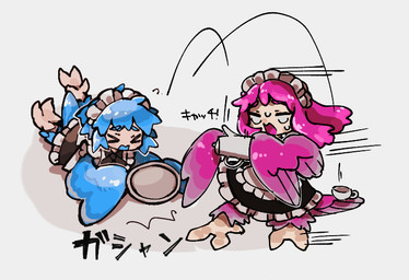 avian_feet blue_body blue_eyes blue_feathers blue_hair blue_wings clothed clothing container cup duo feathered_wings feathers female hair holding_tray light_body light_skin maid_headdress maid_uniform on_ground pink_body pink_eyes pink_feathers pink_hair pink_wings simple_background tea_cup tripping uniform white_background wings i7go34 european_mythology greek_mythology mythology animal_humanoid avian humanoid mythological_avian mythological_creature